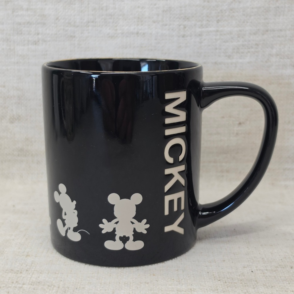 Disney Mickey Mouse Black Ceramic Coffee Mug Silver Silhouettes Gold Rim 17256